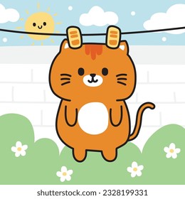 Dibujo de gato naranja lindo colgado en la pared de tela fondo del cielo de casa.Diseño de personaje animal mascota.Dibujo a mano de sol y nube.Amor maullido.Kawaii.Vector.Ilustración.