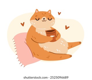 Cute orange cat character eating pet snacks. Hand drawn flat illustration isolated. Hand drawn flat vector illustration.