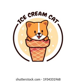 Cute Orange Cat Character Sit Inside Ice Cream Cone Illustration
