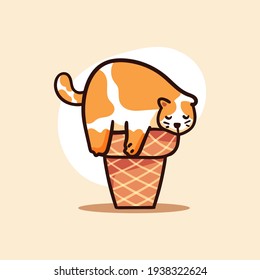 Cute Orange Cat Character Sleeping on Ice Cream Cone Illustration
