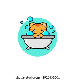 Cute orange cat character taking a shower illustration design
