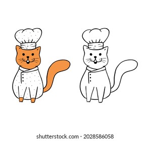 Cute orange cat chef, funny cat in chef's uniform and hat isolated on white background.