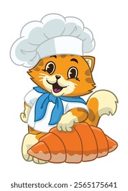 Cute Orange Cat Chef Mascot Lean on Croissant