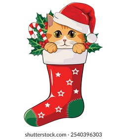 Cute orange cat in Christmas stocking with candy, santa hat and mistletoe Vector illustration