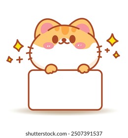 A cute orange cat is clinging to a blank white banner sign. Cartoon hand drawn vector illustration