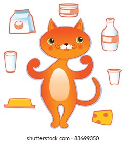 Cute orange cat with different dairy products