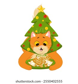 Cute orange cat eating Christmas gingerbread cookies . Merry Christmas and Happy New Year. Vector flat cartoon illustration for stickers and prints on white background