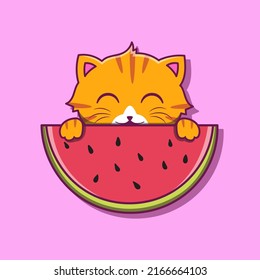 Cute Orange Cat Eating Watermelon