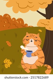 Cute orange cat enjoying a cup of hot drink in park. Leisure time outsidein nature. Hand drawn vector flat illustration.