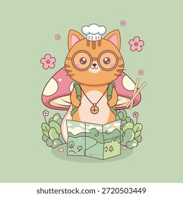 Cute orange cat explorer with glasses and chef hat holding a map in a mushroom forest.