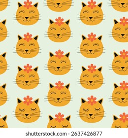Cute orange Cat faces with red flowers on their heads seamless pattern. For fabric, pet accessories and textile