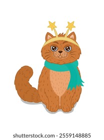 A cute orange cat in a festive headband and scarf is waiting for the New Year. A postcard for the New Year and Christmas. The mascot. Vector illustration.