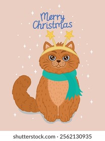 A cute orange cat in a festive headband and scarf is waiting for the New Year. A postcard for the New Year and Christmas. The mascot. Vector illustration.