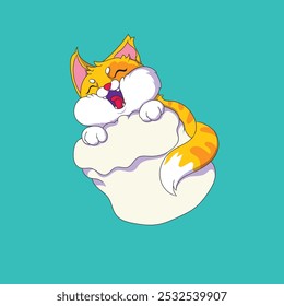 Cute orange cat Floating on Marshmallow Cloud with sky blue background. perfect for sticker.