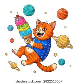 Cute Orange Cat Floating in Space with Giant Ice Cream Cone and Planets Illustration