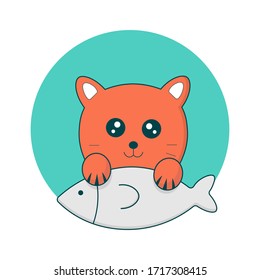 cute orange cat and grey fish with blue circle background vector illustration