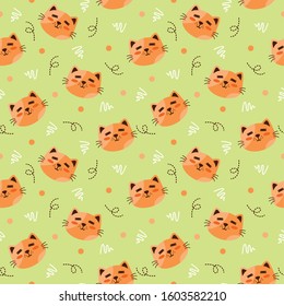 Cute orange cat head animal pattern with dot, cool glasses and line Vector on green background, good for fabric, print and other uses.