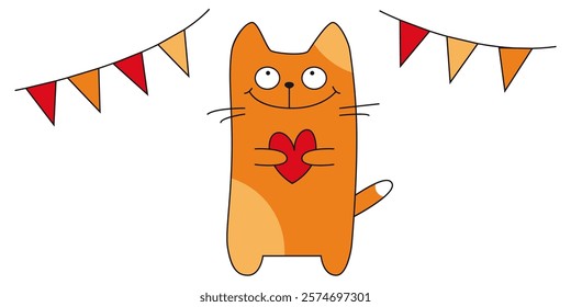 Cute orange cat holding heart. Minimalist hand drawn cartoon character. Ginger kitten pet with smiley face. White background with party flags. Love animal concept. Flat isolated vector illustration.