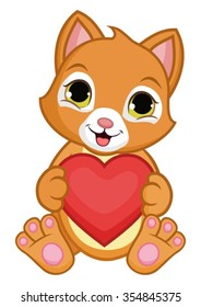 Cute orange cat holding a red heart.