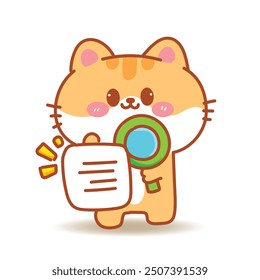 A cute orange cat is holding a white piece of paper and a magnifying glass. Cartoon hand drawn vector illustration