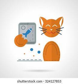 Cute orange cat holds smartphone with blue fish sign and taking selfie. Flat color style vector icon for pets lifestyle. Web design elements.