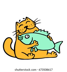 Cute orange cat hugging big fish. Funny cartoon cool character. Cheerful pet. Vector illustration.