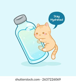 cute orange cat hugging a bottle of water