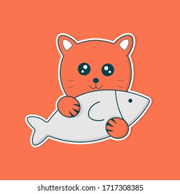 cute orange cat hugs a gray fish with orange color background vector illustration