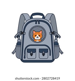Cute orange cat inside a grey pet carrier backpack. Flat design illustration of a grey backpack carrier with an orange cat peeking out of a mesh window. Ideal for pet transport services or animal care blogs.