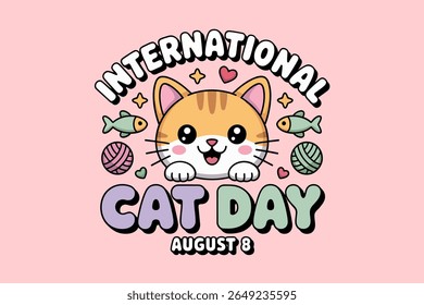 Cute orange cat kawaii vector with stars for international cat day august 8 pet lovers celebration design