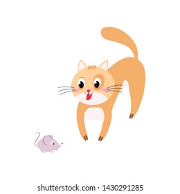 Cute orange cat is looking to play with home mouse