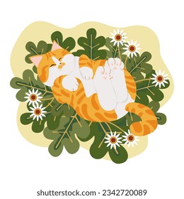 A cute orange cat lying on its stomach on the grass in the flower garden. Flat vector item isolated on white background.