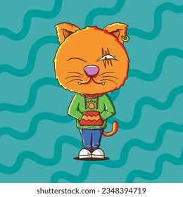 Cute Orange Cat Mascot Illustration wear hoodie and Denim. Urban Style cat vector illustration. Cute cat illustration with green hoodie. Orange cat vector illustration.