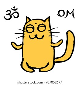 cute orange cat meditates in the lotus position. vector illustration. om sign and symbol