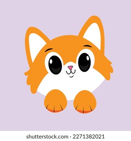 Cute orange cat paws up over wall cartoon, vector illustration