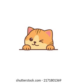 Cute orange cat peeking and winking eye cartoon, vector illustration