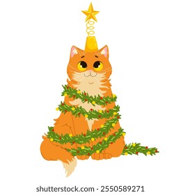 Cute orange cat playing with Christmas garland. Merry Christmas and Happy New Year. Vector flat cartoon illustration for stickers and prints on white background