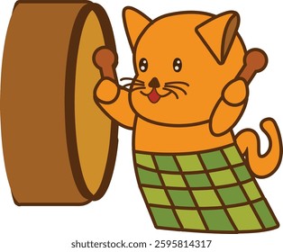 Cute Orange Cat Playing a Traditional Bedug Drum Wearing Sarong with Ketupat Motif Illustration