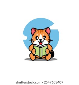 A cute orange cat reading a book with a blue sky and clouds background.