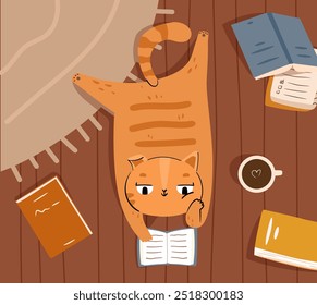 Cute orange cat reading at home surrounded by books. Cozy studying concept. Hand drawn vector flat illustration.