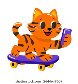 Cute orange cat riding a skateboard and holding a smartphone, cheerful character design symbolizing youth, fun, and digital lifestyle. Vector illustration.