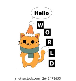 A cute orange cat in a Santa hat and scarf says "Hello" in a speech bubble. The word "WORLD" is spelled vertically in bold black blocks next to the cat. A festive and cheerful greeting!
