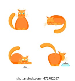 Cute Orange Cat Set. Flat Design Style. Vector illustration