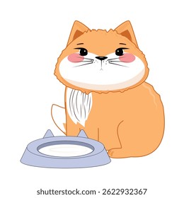 Cute orange cat sitting by blue bowl of milk, pink cheeks, cartoon style, isolated on white background
