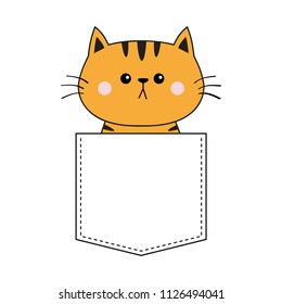 Cute orange cat sitting in the pocket. Pink cheeks. Doodle contour linear sketch. Cartoon pet animals. Kitten kitty baby character. Dash line. T-shirt design. White background. Flat Vector