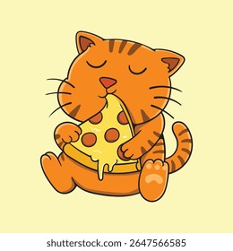 Cute Orange Cat Sitting While Eating Delicious Pizza