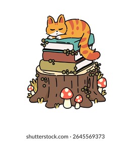 Cute orange cat sleeping with books illustration. Cat sleeping on the books cartoon 