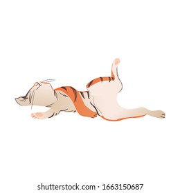 Cute orange cat sleeping on its back in funny pose - cartoon sketch drawing of domestic animal taking a nap isolated on white background, vector illustration