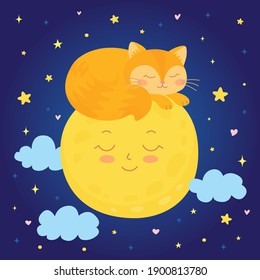 Cute orange cat sleeping on a moon, starry night sky. Cartoon character for invitation, poster, sticker label and greeting card. Childish vector illustration