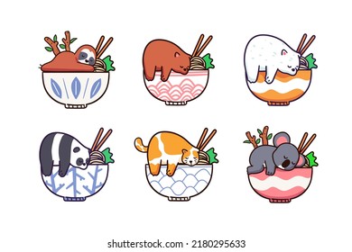 Cute Orange Cat, sloth, grizzly, polar bear, panda, and koala Character Sleep on a bowl of ramen sticker illustration
